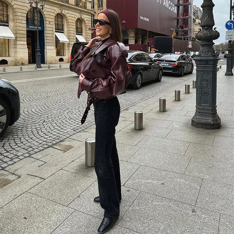 Veste en cuir à revers ample