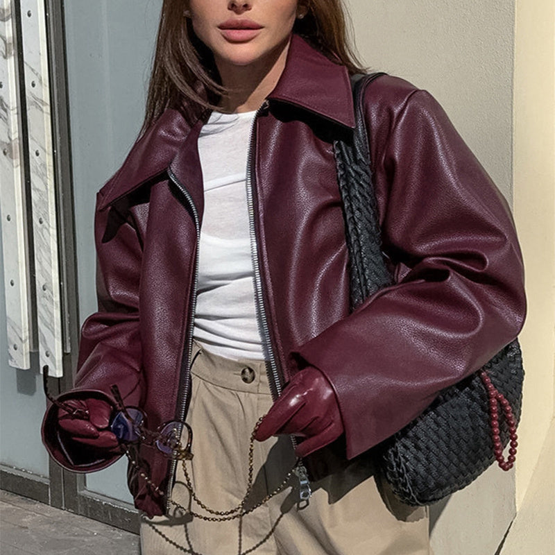 Veste en cuir unie à revers et fermeture éclair