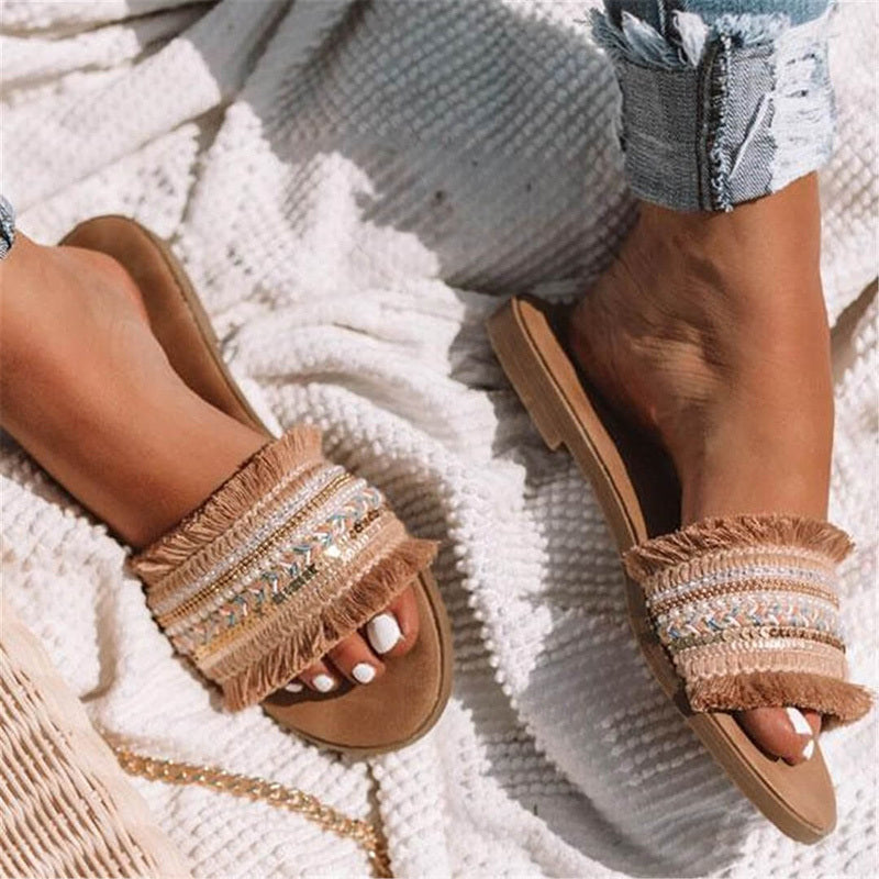 Sandale vacances femme été 2026 - mule plate franges tissées style bohème chic
