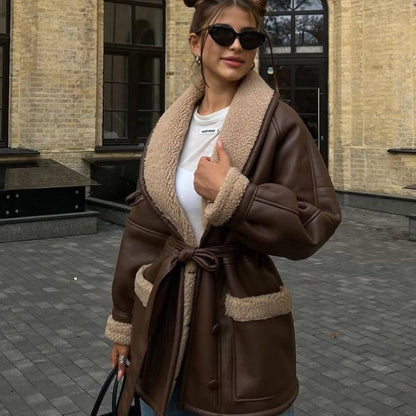 Manteau long en cuir et fourrure style coréen
