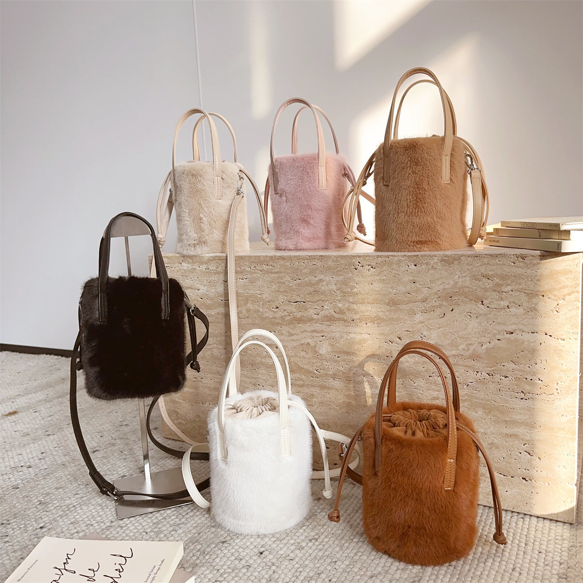 Mini sac seau fourrure douce femme tendance