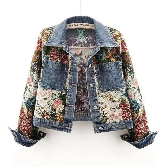Manteau en jean patchwork imprimé à manches longues