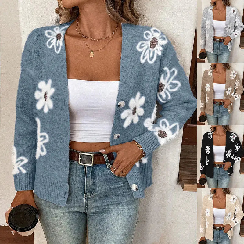Cardigan boutonné à imprimé floral.