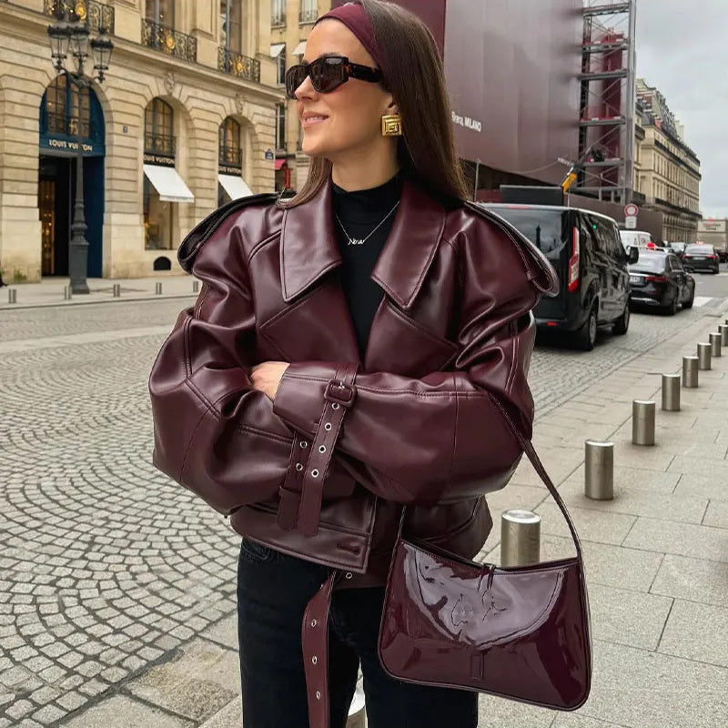 Veste en cuir à revers ample