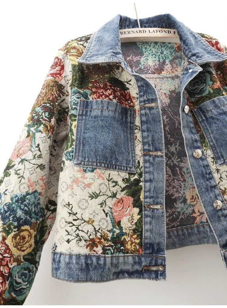 Manteau en jean patchwork imprimé à manches longues