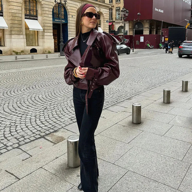 Veste en cuir à revers ample
