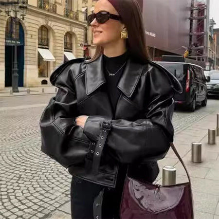 Veste en cuir à revers ample