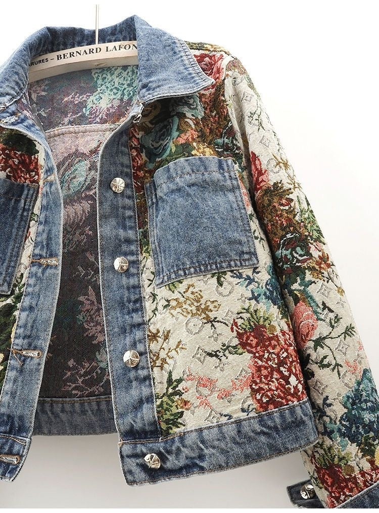 Manteau en jean patchwork imprimé à manches longues