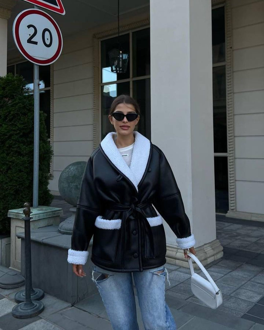 Manteau long en cuir et fourrure style coréen