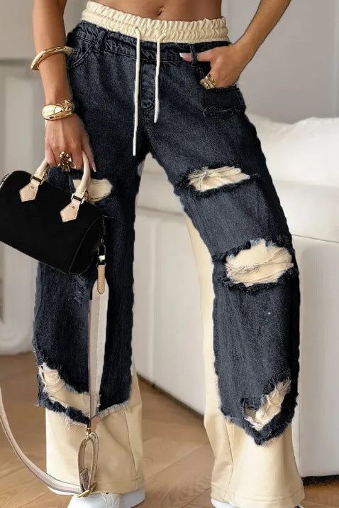 Pantalon en denim patchwork à taille élastique.