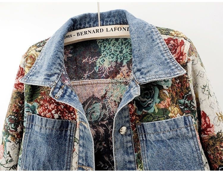 Manteau en jean patchwork imprimé à manches longues
