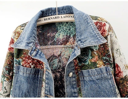 Manteau en jean patchwork imprimé à manches longues