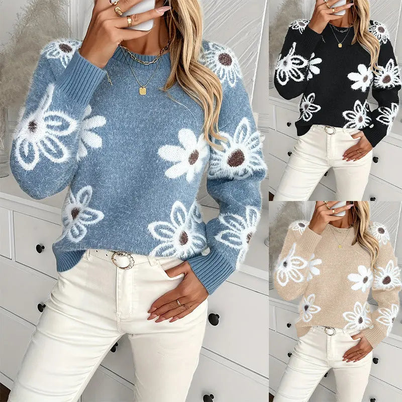 Pull tricoté à fleurs.