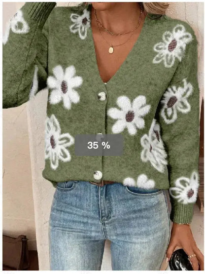 Cardigan boutonné à imprimé floral.
