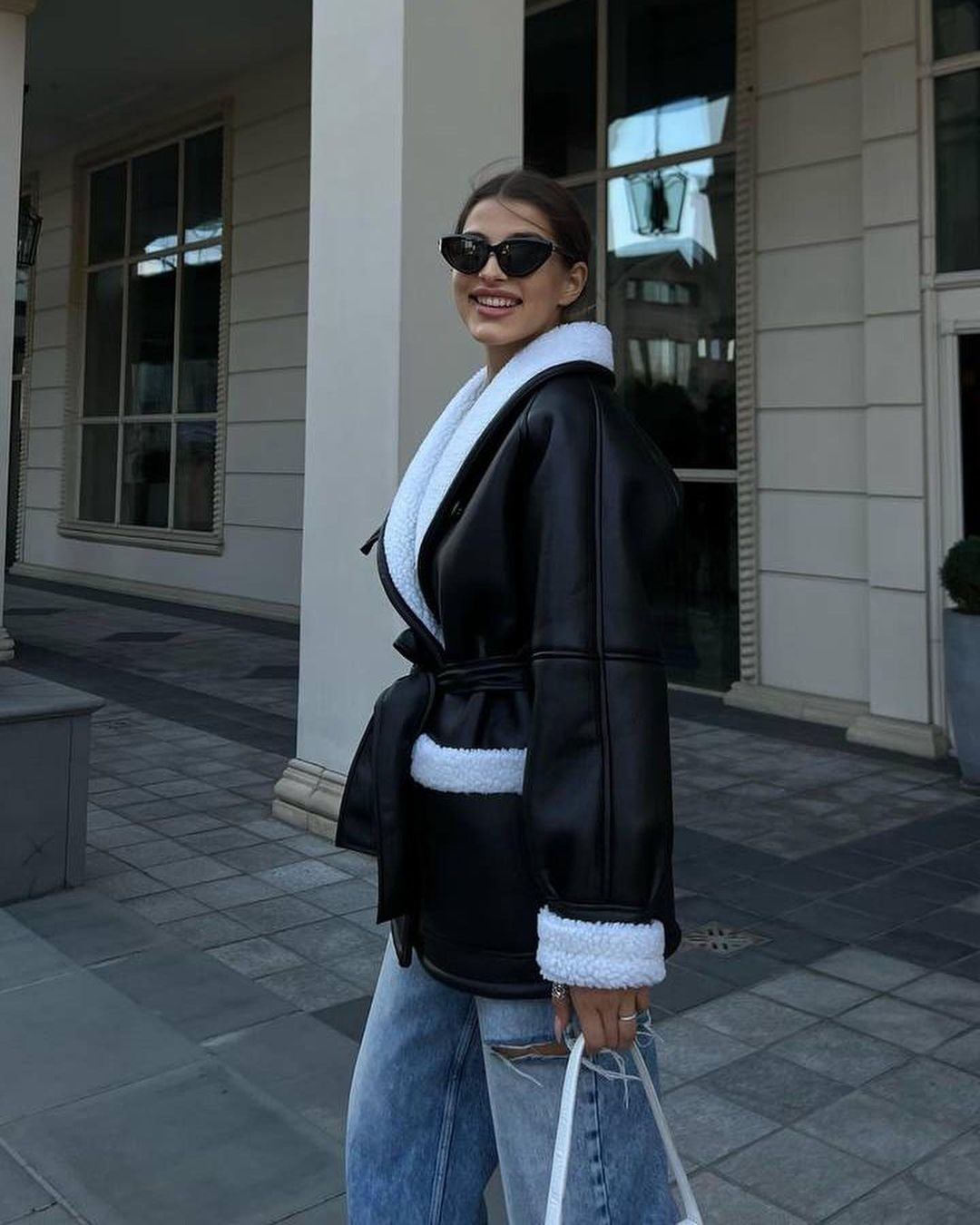 Manteau long en cuir et fourrure style coréen
