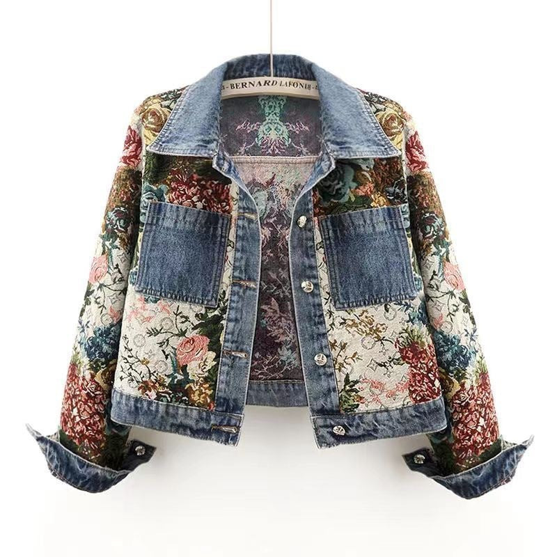 Manteau en jean patchwork imprimé à manches longues