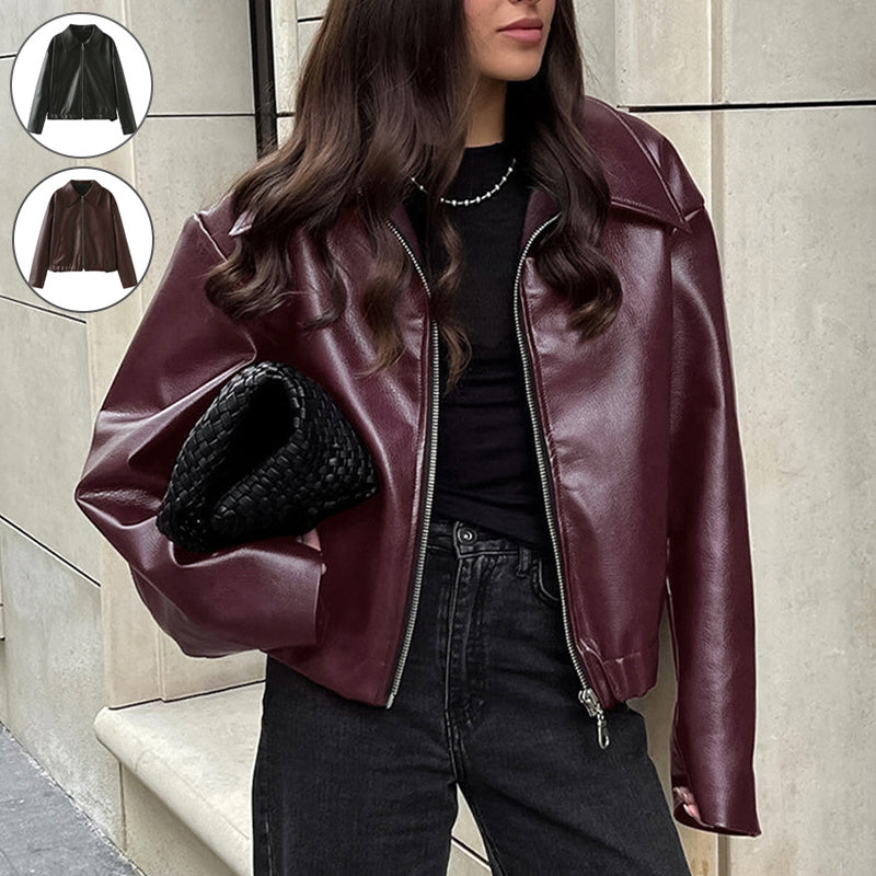 Veste en cuir unie à revers et fermeture éclair