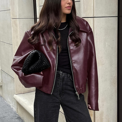 Veste en cuir unie à revers et fermeture éclair