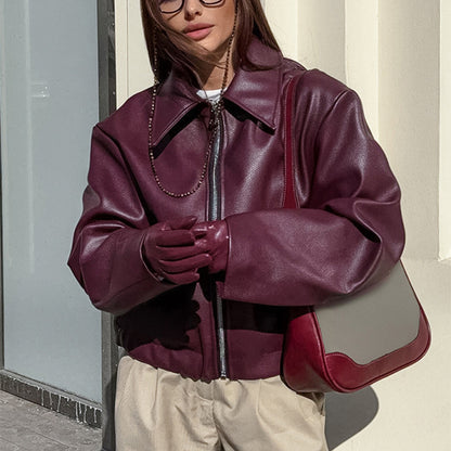 Veste en cuir unie à revers et fermeture éclair