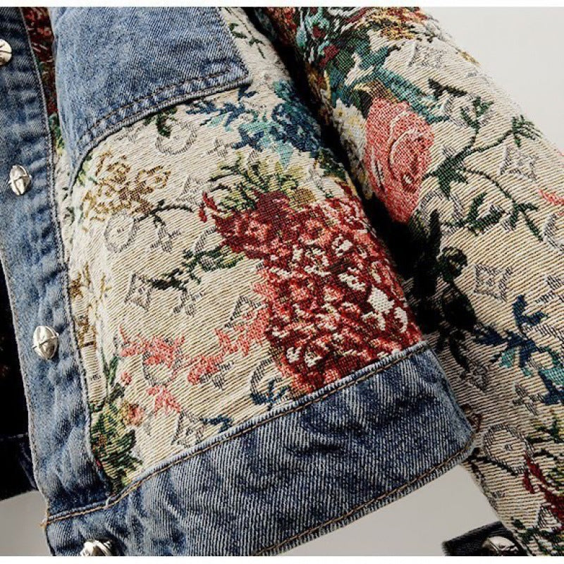 Manteau en jean patchwork imprimé à manches longues