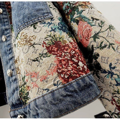 Manteau en jean patchwork imprimé à manches longues