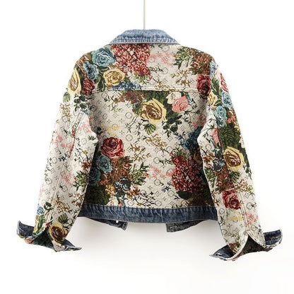 Manteau en jean patchwork imprimé à manches longues