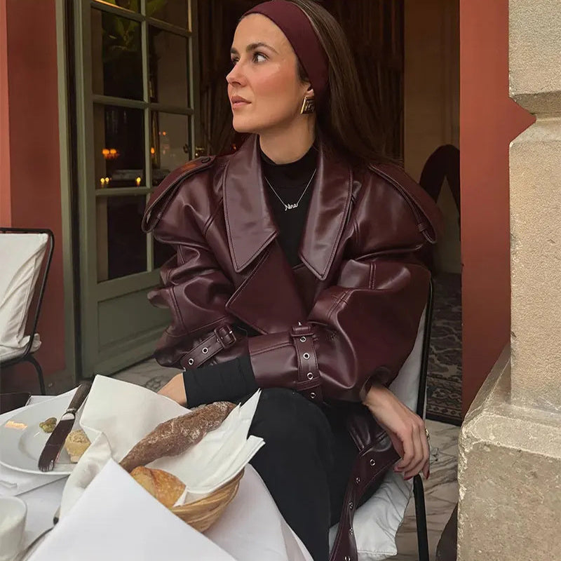 Veste en cuir à revers ample