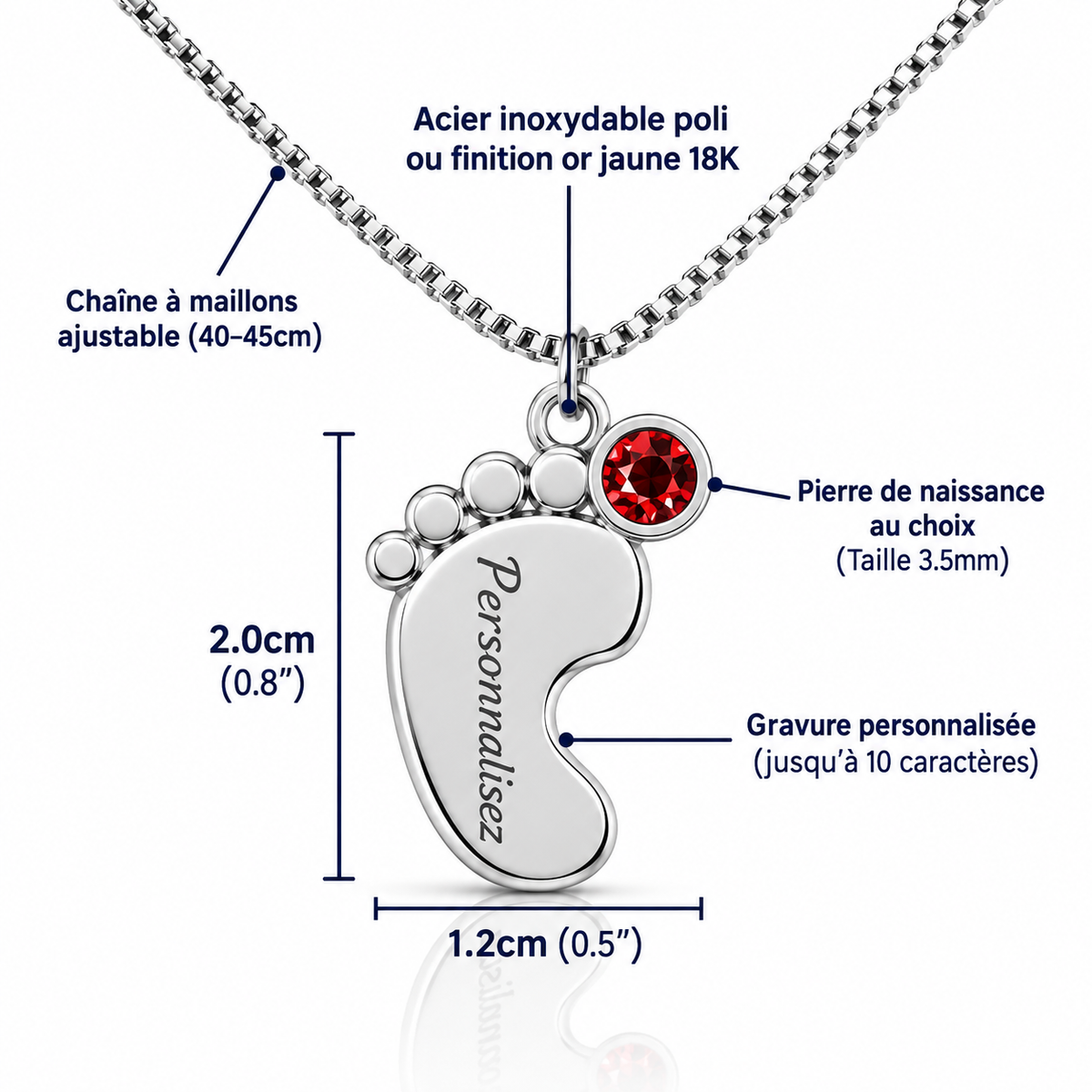 Collier « Pieds de bébé » avec pierre de naissance